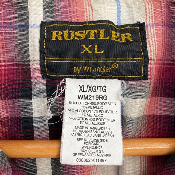 Vtg Rustler Wrangler Plaid Pearl Snap Shirt XL Red Short Sleeve Western Rodeo - Picture 4 of 11